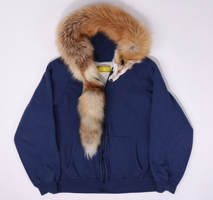 Vintage Kitsune Hoodie Zip Up Blue